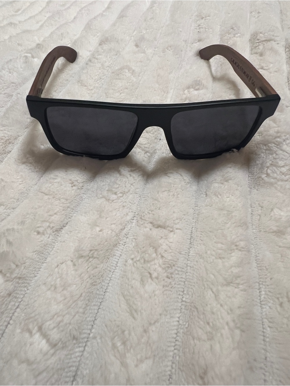 Black Rectangular Sunglasses with Wood-Effect Arms sugar skulls